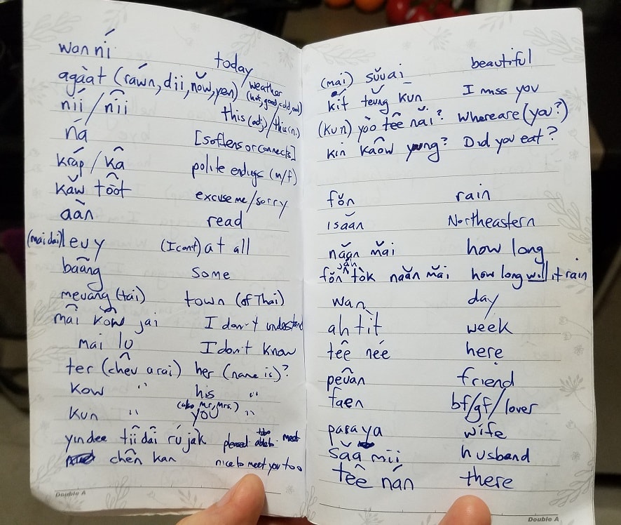 Thai words and phrases I wrote down and reviewed daily